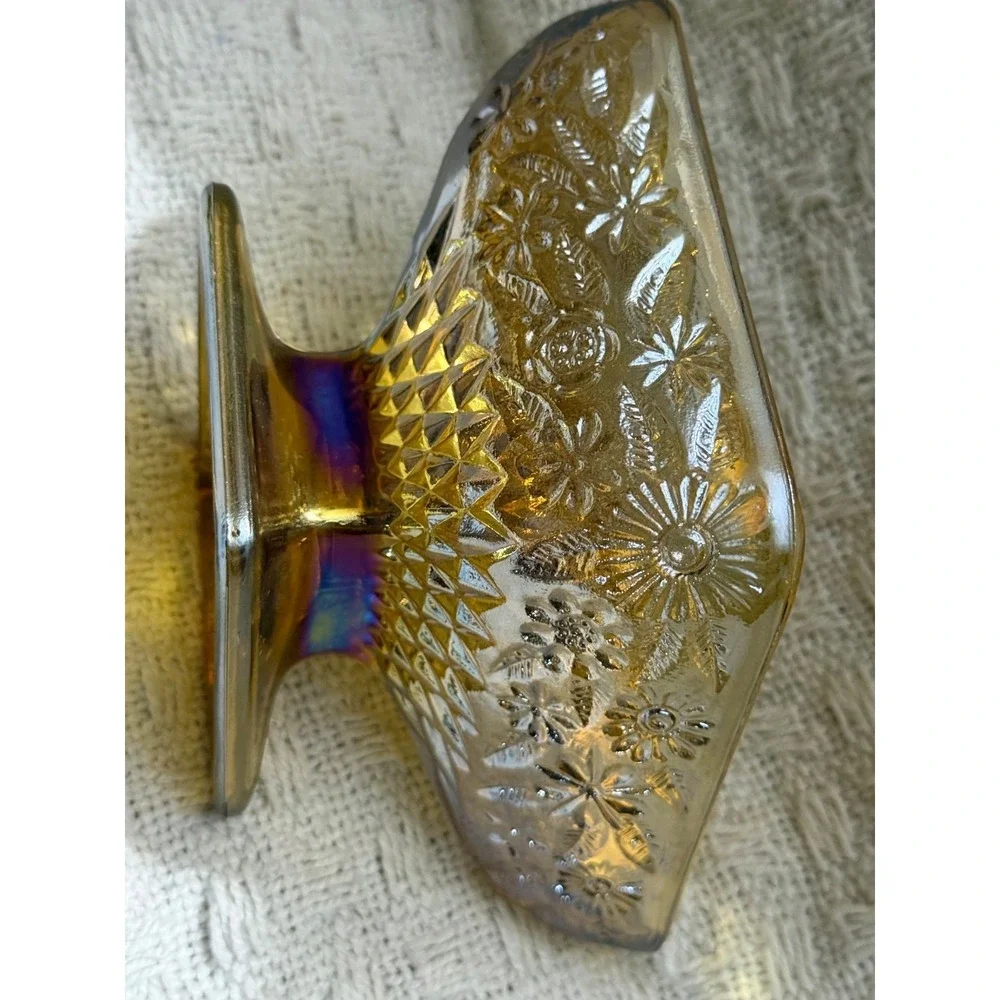 Vintage amber Marigold Carnival Glass  Footed Candy Dish 3x6.5in